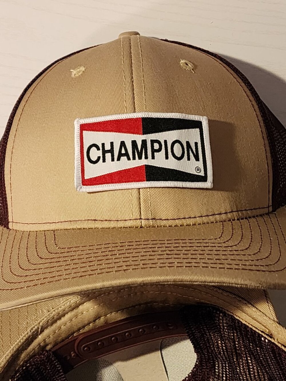 CHAMPION Patched Khaki Maroon Mesh Snapback Trucker Hat